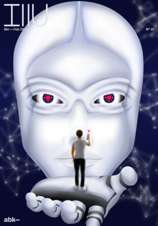 Eine Person steht auf einer großen Roboterhand, blickt auf ein riesiges menschenähnliches Gesicht mit digitalen Augen und hält vor dem Hintergrund abstrakter Sterne und Sternbilder ein brennendes Streichholz in der Hand.