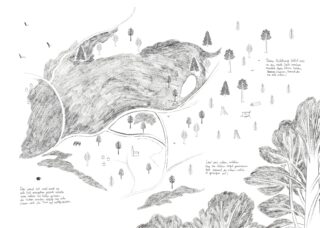 Handgezeichnete Karte einer ländlichen Landschaft mit Feldern, Bäumen, Wegen, Gebäuden und handschriftlichen Beschreibungen in Englisch und Deutsch.