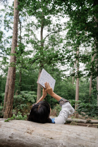 Person, die auf einem umgestürzten Baumstamm in einem Wald liegt, ein offenes Buch über ihr Gesicht hält und hineinschaut, umgeben von hohen Bäumen und Grün.