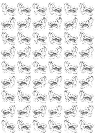 Ein Gittermuster aus handgezeichneten, weit geöffneten Mündern, die vor einem weißen Hintergrund die oberen und unteren Zähne zeigen.