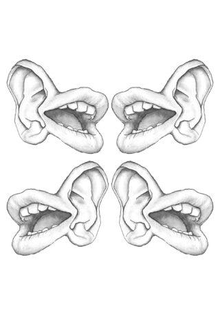 Vier identische Schwarzweiß-Illustrationen, die jeweils ein menschliches Ohr mit offenem Mund zeigen, angeordnet in einem Raster auf weißem Hintergrund.