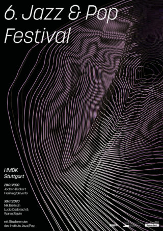 Poster für das 6. Jazz & Pop Festival an der HMDK Stuttgart mit Veranstaltungsdetails und Namen der Künstler, überlagert mit abstrakter Wellenlinienkunst.