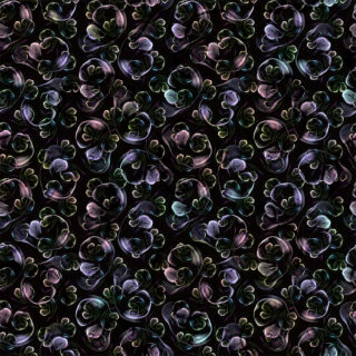 Nahtloses Muster aus abstrakten, mehrfarbigen rosenähnlichen Formen mit leuchtenden Rändern auf schwarzem Hintergrund.