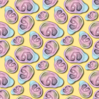 Ein nahtloses Muster aus abstrakten, glänzenden, pastellfarbenen Ohrformen in Rosa-, Blau- und Grüntönen auf hellgelbem Hintergrund.