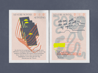Zwei illustrierte Zeitschriftenseiten zeigen abstrakte Kunst, deutschen und englischen Text sowie handschriftliche Notizen und handeln vom Sonnenaufgang und dem Versprechen eines neuen Tages.