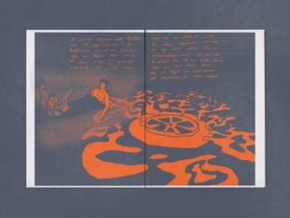 Ein offenes Buch zeigt eine stilisierte Illustration einer Person, einer Eule und abstrakter orangefarbener Formen mit handgeschriebenem orangefarbenem Text auf dunklem Hintergrund.