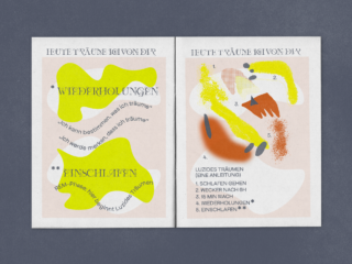 Zwei Seiten mit deutschem Text zum Thema luzides Träumen, mit abstrakten Formen, nummerierten Schritten und hervorgehobenen Abschnitten mit den Titeln „Wiederholungen“ und „Einschlafen“.