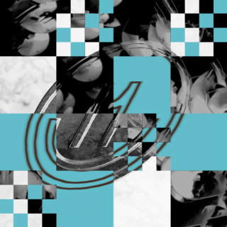 Abstraktes Bild mit einem runden metallischen Objekt mit der darüber liegenden Zahl „1“, fragmentiert durch blaue, schwarze und weiße Schachbrett- und pixelartige Muster.