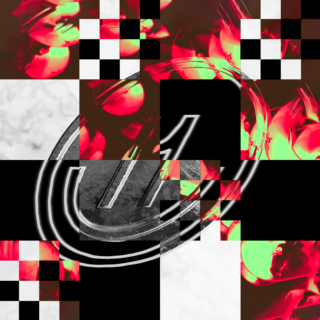 Abstraktes Bild mit einem zentralen kreisförmigen Design, Schachbrettmuster-Overlays, roten und grünen Lichteffekten und kontrastreichen schwarzen, weißen und grauen Abschnitten.