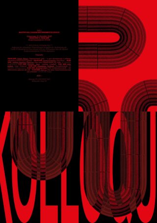 Abstrakte Grafik in Rot und Schwarz mit fettem, verzerrtem Text und gewölbten 3D-Linien sowie zentrierten Veranstaltungsdetails in kleiner Schrift.