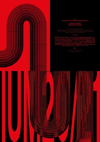 Poster mit kräftigen abstrakten Formen in Rot und Schwarz, großem Text „UM 2021“ und Veranstaltungsdetails für ein Master-Kolloquium an der HfG Offenbach in kleiner Schrift.