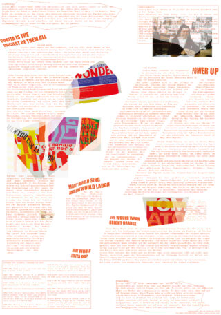 Eine Collage aus Textfragmenten, geometrischen Formen und einem kleinen Foto einer lesenden Frau, angeordnet auf einem weißen Hintergrund mit orangefarbenen und roten Akzenten.