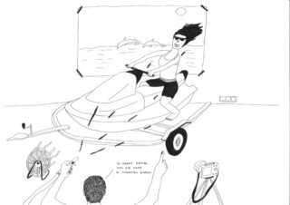 Eine Person posiert auf einem stationären Jetski in einem Studio mit einer Strandszene im Hintergrund, während zwei Personen die Ausrüstung anpassen und eine Kamera das Setup aufzeichnet.