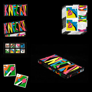 Ein Brettspiel namens „KNEKI“ mit lebendigen, abstrakten Illustrationen auf der Schachtel, den Spielkarten und den Blättern, alles auf schwarzem Hintergrund.
