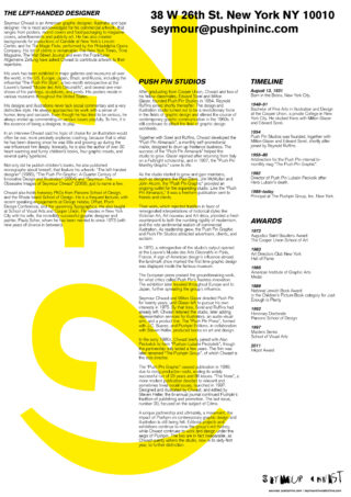 Schwarzer Text bietet Informationen zu Push Pin Studios, Seymour Chwast, eine Zeitleiste und Auszeichnungen, überlagert mit einer großen, halbtransparenten gelben „S“-Grafik.