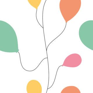 Bunte Luftballons in Grün, Gelb, Orange und Pink, jeweils mit einer dünnen schwarzen Schnur, verstreut auf einem weißen Hintergrund.