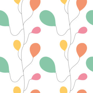Ein nahtloses Muster aus Luftballons in Grün, Orange, Gelb und Pink, jeweils mit einer Schnur, auf weißem Hintergrund.