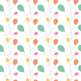 Ein nahtloses Muster aus pastellfarbenen abstrakten Blattformen in Grün, Orange, Gelb und Pink, verbunden durch dünne, geschwungene Linien auf weißem Hintergrund.