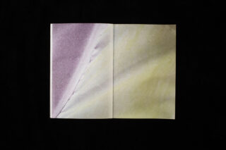 Ein offenes Buch zeigt abstrakte Nahaufnahmen in gedämpften Lila- und Gelbtönen vor einem schwarzen Hintergrund.