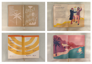 Vier Bilder zeigen einen Bildband mit Palmen-Cover, einem Festkalender und bunten Seiten mit Festszenen mit Menschen und Landschaften.