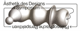Abstrakte organische 3D-Form mit deutschem Text „Ästhetik des Designs Symposium“ und „Philosophische Perspektiven“, überlagert mit Richtungspfeilen.