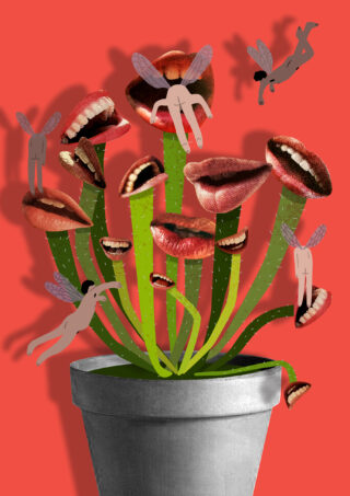 Ein grauer Blumentopf enthält vor einem leuchtend roten Hintergrund grüne Stiele mit Mündern und Mensch-Fliege-Hybriden anstelle von Blumen.