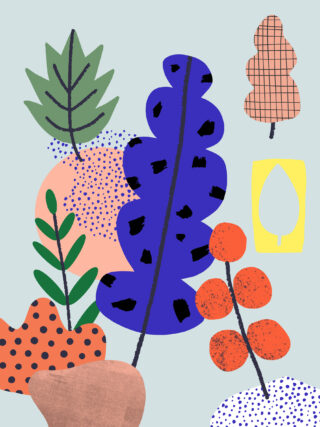 Abstrakte Illustration verschiedener stilisierter Blätter und Pflanzen in kräftigen Farben und Mustern auf hellem Hintergrund.