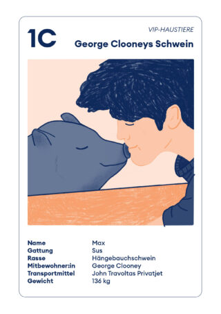 Illustration einer Person mit dunklem Haar, die vor einem zartpfirsichfarbenen Hintergrund sanft die Nase eines Schweins berührt. Der Text nennt den Namen des Schweins Max und George Clooney als Besitzer.