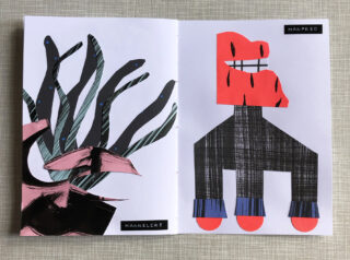 Zwei abstrakte Collagen: Die linke zeigt schwarze und rosa pflanzenähnliche Formen mit der Aufschrift „Mannelore“, die rechte zeigt eine rote, geometrische Figur mit der Aufschrift „Manfred“.