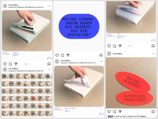 Collage aus Instagram-Posts, die eine Hand zeigen, die durch geschichtete Papierobjekte blättert, einen deutschen Text über die Langlebigkeit von Design und rote Etiketten mit der Aufschrift „Mit viel Aufwand“ und „Aufwendig produziert“.