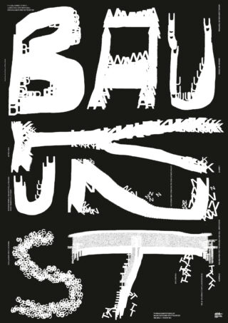 Große, verzerrte weiße Buchstaben ergeben „BAUST“ auf schwarzem Hintergrund, mit fragmentierten, glitchartigen Effekten und überall verstreutem kleinen vertikalen weißen Text.