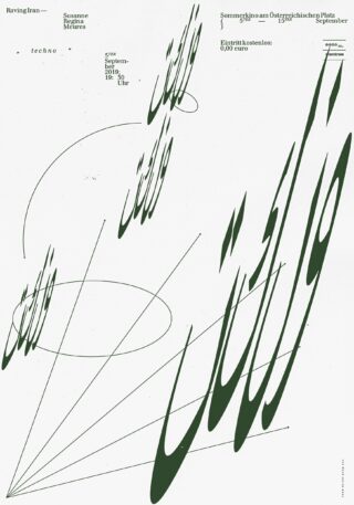 Poster mit abstrakten kalligrafischen grünen Linien, Veranstaltungsdetails in Deutsch zu einem Techno-Screening von „Raving Iran“ am 5. September um 19:30 Uhr, freier Eintritt am Österreichischen Platz.