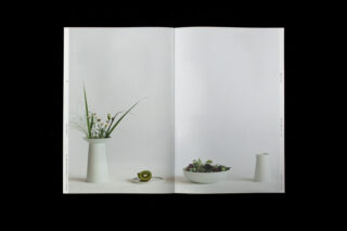 Eine aufgeschlagene Zeitschrift zeigt ein minimalistisches Foto einer weißen Vase mit Blumen, einer halbierten Kiwi, einer Schüssel Salat und einem kleinen weißen Krug auf einem schlichten Hintergrund.