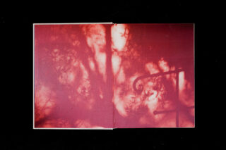 Ein offenes Buch zeigt ein rot getöntes Bild von verschwommenen Ästen und einem Metallgeländer, das Schatten auf beide Seiten wirft.