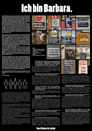 Ein deutschsprachiges Plakat mit dem Titel „Ich bin Barbara“ zeigt Textblöcke und Fotos verschiedener Aufkleber mit sozialen und politischen Botschaften, angeordnet auf einem schwarzen Hintergrund.