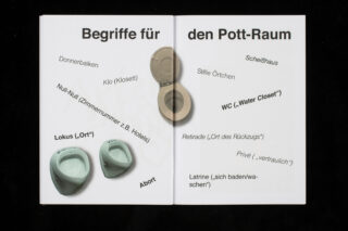 Ein aufgeschlagenes Buch zeigt deutsche Synonyme für Toilette, mit Bildern von Toiletten und Urinalen sowie verschiedenen Begriffen, die um die Bilder herum angeordnet sind.