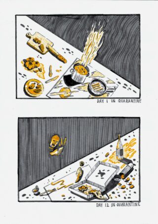Zwei Panels zeigen Quarantäne-Mahlzeiten: Tag 1 bietet ein schickes Essen auf einem gedeckten Tisch; Tag 12 zeigt Pizza, Snacks, eine leere Flasche und Unordnung auf dem Tisch und dem Boden.