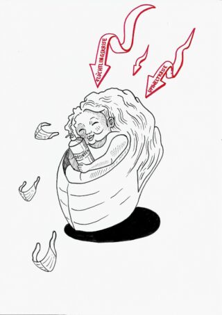 Ein Kind liest ein Buch, während es in eine Decke in Form einer Schutzhülle gehüllt ist. Rote Pfeile mit den Aufschriften „Erzählungen“ und „Emotionale Reaktion“ zeigen auf das Kind; Gesichtsmasken schweben in der Nähe.