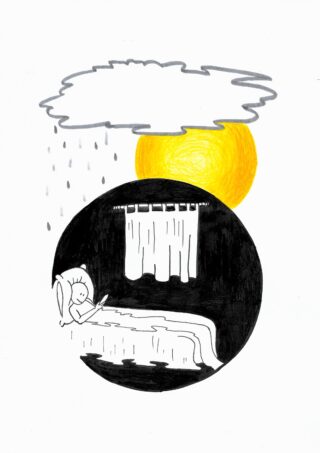 Eine Person liegt nachts im Bett und telefoniert, während draußen die Sonne scheint und aus einer Regenwolke Wasser tropft.