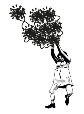 Eine Schwarzweißabbildung einer Person, die drei große, ballonartige Objekte in Form von Coronavirus-Partikeln hält.