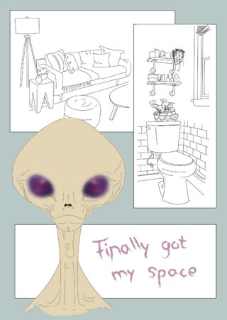 Ein Cartoon-Alien steht vor einfachen Strichzeichnungen eines Wohnzimmers, eines Badezimmers und eines Regals mit dem handgeschriebenen Satz „Endlich habe ich meinen Platz.“.