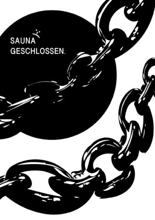 Schwarz-weiße Illustration von Metallketten mit dem deutschen Text „SAUNA GESCHLOSSEN.“ auf einem schwarzen Kreis.