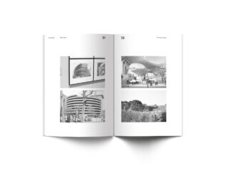 Offenes Buch mit Schwarzweißfotos moderner Architekturstrukturen auf beiden Seiten, mit den Seitenzahlen 31 und 32 oben.