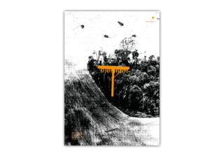 Ein Schwarzweißbild zeigt einen Wald, der in einen rauen, strukturierten Hang übergeht; in der Mitte ist eine orangefarbene, farbähnliche „T“-Form darübergelegt.