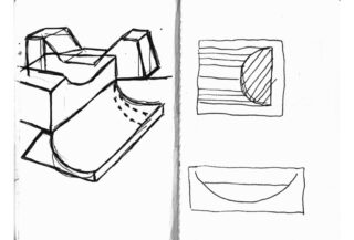Eine Skizze einer geometrischen Struktur mit Kurven und Winkeln auf der linken Seite und zwei vereinfachte rechteckige Diagramme mit Halbkreisen auf der rechten Seite.