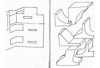 Zwei handgezeichnete Skizzen: Die linke zeigt ein blockartiges Gebäude mit rechteckigen Fenstern und die rechte abstrakte, ineinandergreifende geometrische Formen.