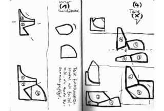 Handgezeichnete Diagramme von Schuhschnittmustern mit handschriftlichen Anmerkungen in deutscher Sprache, die schrittweise Montageanleitungen für den Schuhbau zeigen.
