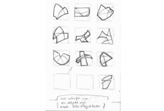 Ein Raster aus zwölf Rechtecken, die meisten davon mit abstrakten schwarzen Strichskizzen; drei Rechtecke sind leer. Unter dem Raster erscheint deutscher Text.