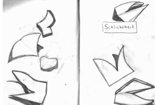 Handgezeichnete abstrakte geometrische Formen mit schattierten Bereichen auf Millimeterpapier; eine Form trägt die Aufschrift „Schlichtheit“ in einem rechteckigen Kästchen.