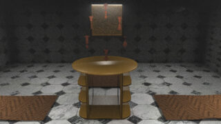 Auf einem gefliesten Boden steht zwischen zwei braunen Teppichen ein runder Tisch mit drei Ablagen, Pfeile zeigen von einem Wandspiegel auf den darunterliegenden Tisch.